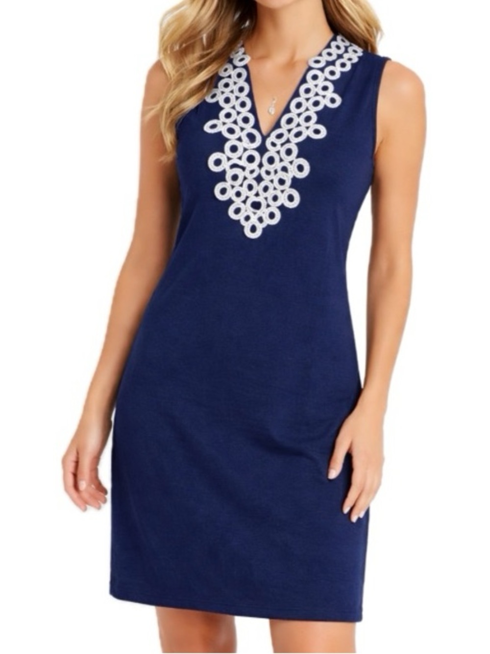 Charter Club Stretch Knit Shift Dress with White Lace Trim Navy Blue Size 1X NWT